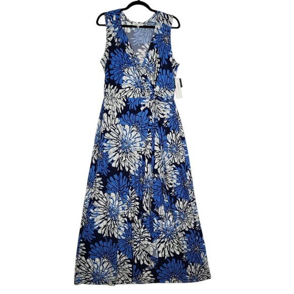 Robbie Bee Faux Wrap Dress Women's Large Blue White Floral Maxi Stretchy NWT - Picture 1 of 12